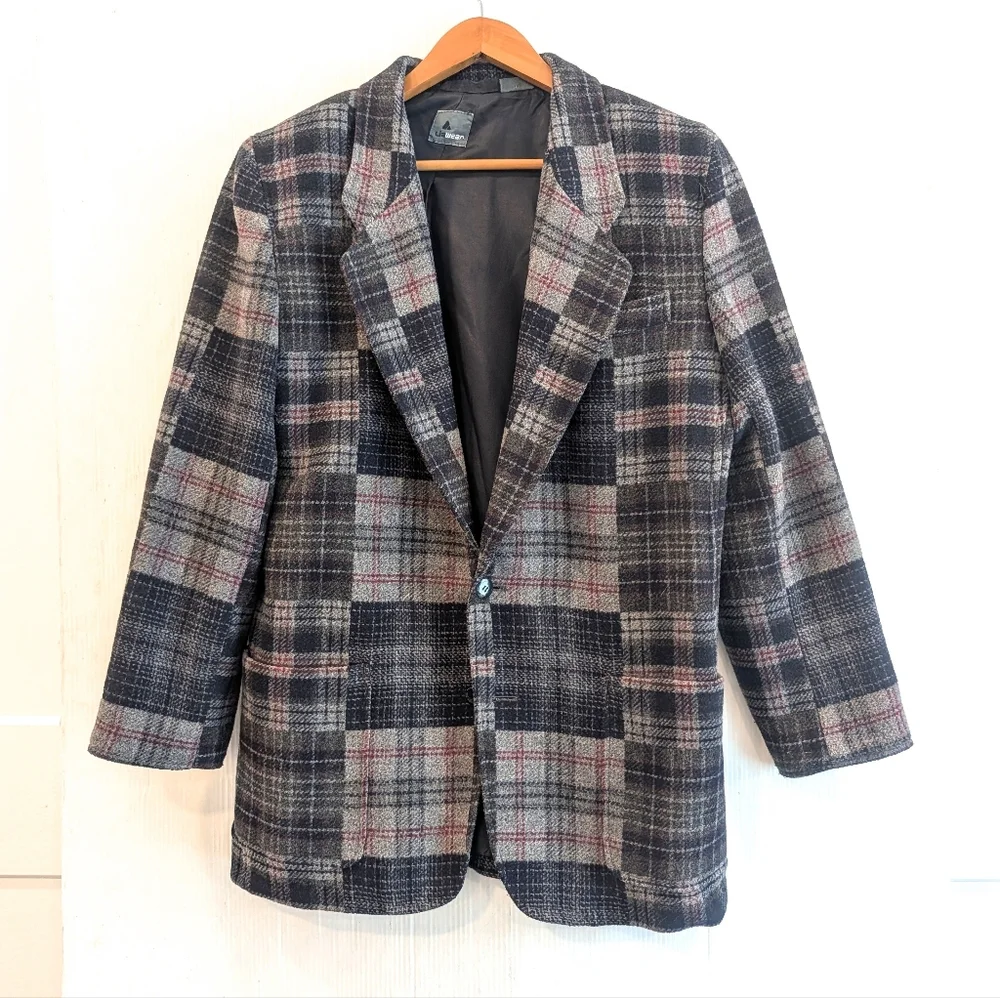 LIZ WEAR Navy & Gray Plaid Wool Blend Blazer Jacket Size 12